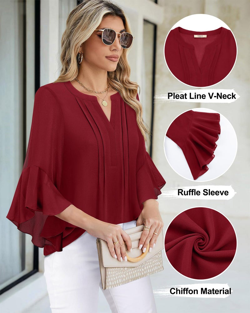 Timeson Fall Blouses for Women 2025: Business Casual - Women Work Tops - Dress Shirts Fashion V Neck Ladies Office Top Professional Attire Wrinkle Free Chiffon Tunics Christmas Outfits Wear Red XL - Image 4