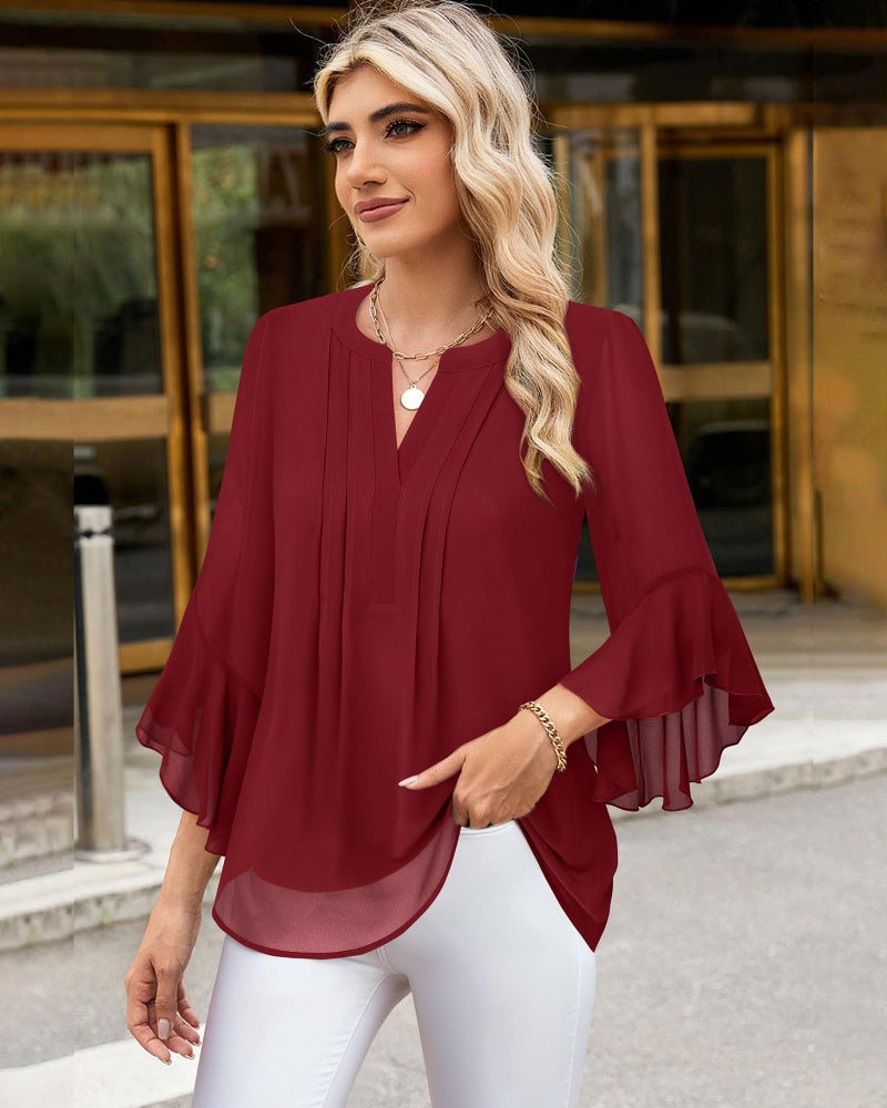 Timeson Fall Blouses for Women 2025: Business Casual - Women Work Tops - Dress Shirts Fashion V Neck Ladies Office Top Professional Attire Wrinkle Free Chiffon Tunics Christmas Outfits Wear Red XL - Image 3