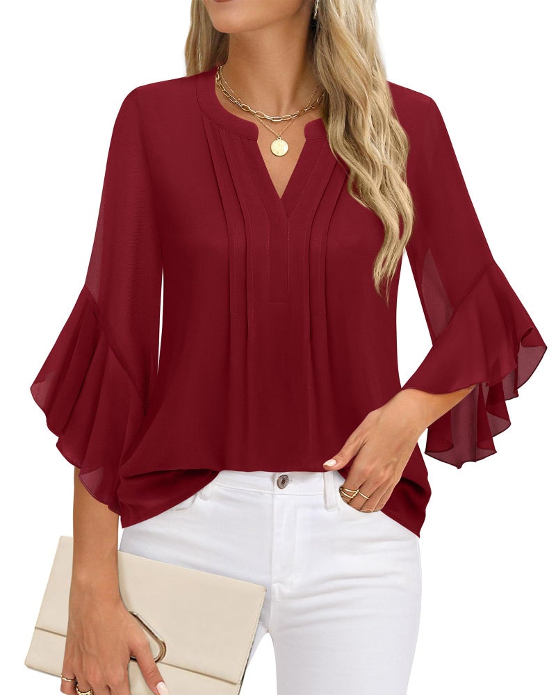 Timeson Fall Blouses for Women 2025: Business Casual - Women Work Tops - Dress Shirts Fashion V Neck Ladies Office Top Professional Attire Wrinkle Free Chiffon Tunics Christmas Outfits Wear Red XL - Image 2