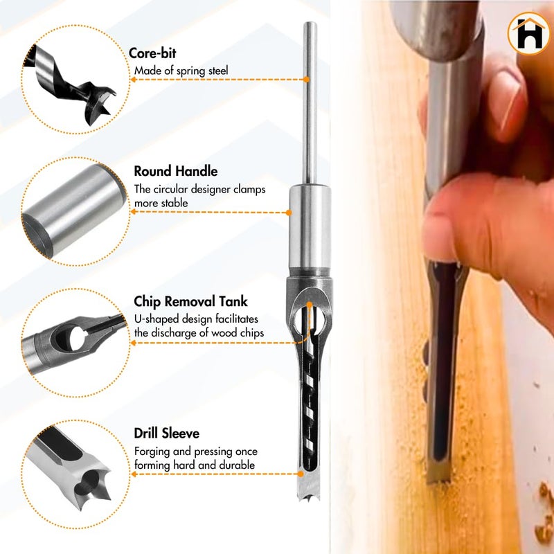 Homdum مجموعات مثقاب ثقب مربع 1/4 بوصة مع شاقول خشبي مع ملحق تثبيت للتنجيد لأدوات النجارة مثقاب ثقب 6 مم مع شاقول ثقب مربع - Image 2