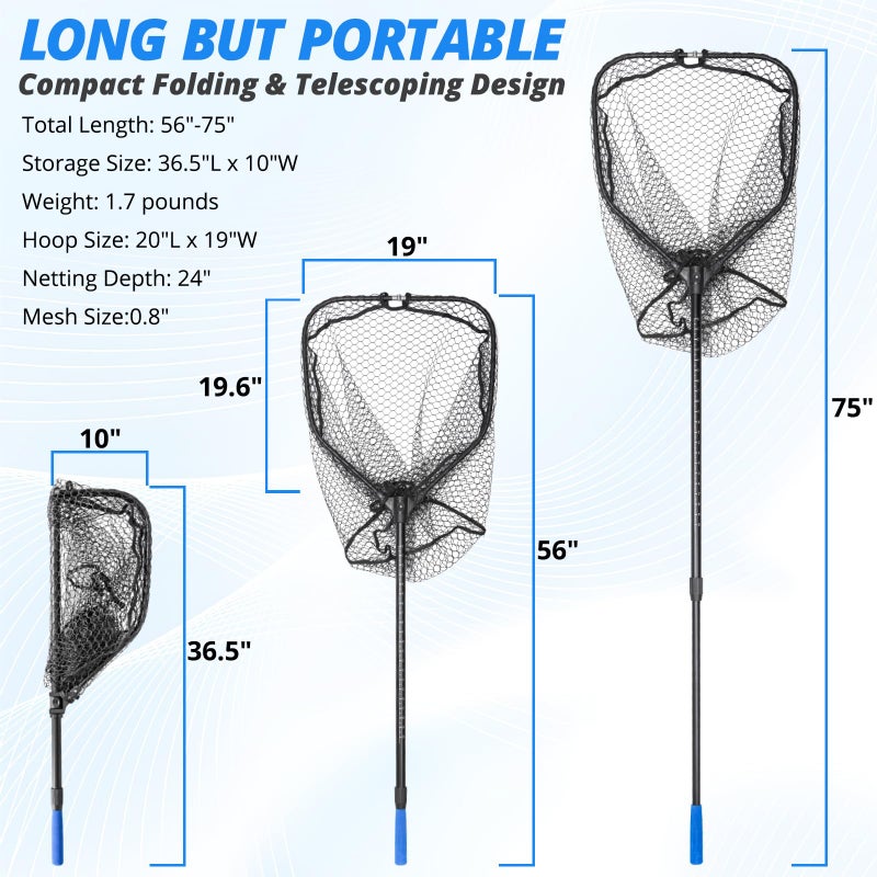 ZOINLIY Long Fishing Net, Foldable Landing Net with Telescoping Handle, Rubber Coated Polyethylene Netting, Lightweight & Strong, Length 56â€³-75â€³, Hoop Size 20â€³ x 19â€³, Depth 20â€³, 25 lbs. Capacity - Image 2