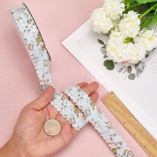 CABODYALS 20 Yards Blue Floral Print Ribbon Flower Pattern Ribbon Vintage Spring Polyester Wavy Edge Ribbons Bulk with Spool for Sewing Making Wreath Wedding Crafts Bouquet Birthday Decor Christmas - Image 4