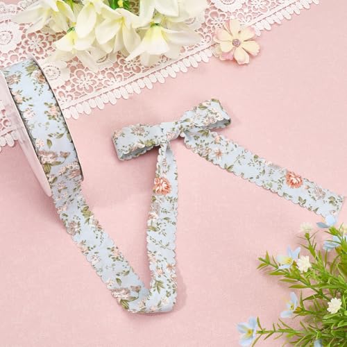 CABODYALS 20 Yards Blue Floral Print Ribbon Flower Pattern Ribbon Vintage Spring Polyester Wavy Edge Ribbons Bulk with Spool for Sewing Making Wreath Wedding Crafts Bouquet Birthday Decor Christmas - Image 3