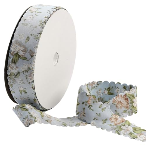 CABODYALS 20 Yards Blue Floral Print Ribbon Flower Pattern Ribbon Vintage Spring Polyester Wavy Edge Ribbons Bulk with Spool for Sewing Making Wreath Wedding Crafts Bouquet Birthday Decor Christmas - Image 1