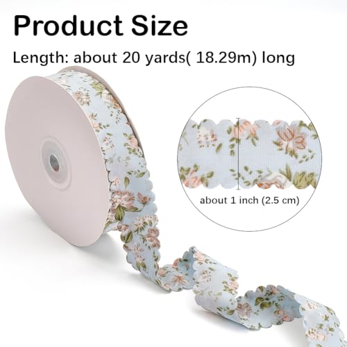 CABODYALS 20 Yards Blue Floral Print Ribbon Flower Pattern Ribbon Vintage Spring Polyester Wavy Edge Ribbons Bulk with Spool for Sewing Making Wreath Wedding Crafts Bouquet Birthday Decor Christmas - Image 2