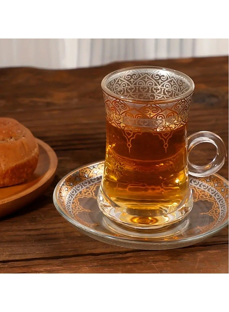 6-Piece Turkish Tea Coffee Cup Set Vintage Glass Cup Golden And Silver Pattern - Image 3