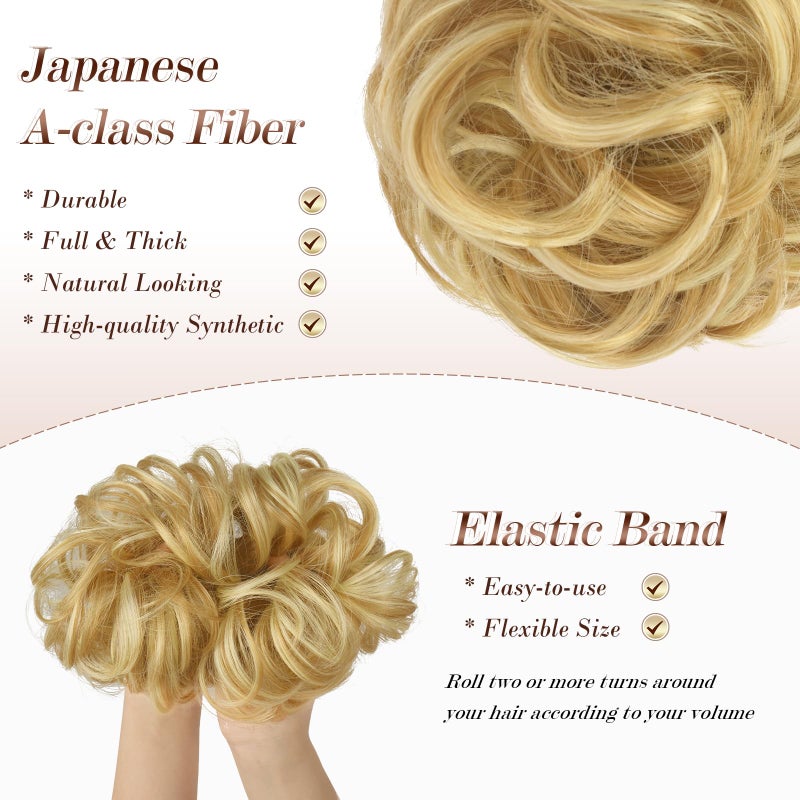 FESHFEN Messy Bun Hair Piece - Wavy Synthetic Chignon Scrunchies for Instant Volume, Elastic Bun Ponytail Hair Extensions Thick Hairpieces for Women, Strawberry Blonde & Bleach Blonde 1.50 oz - Image 3