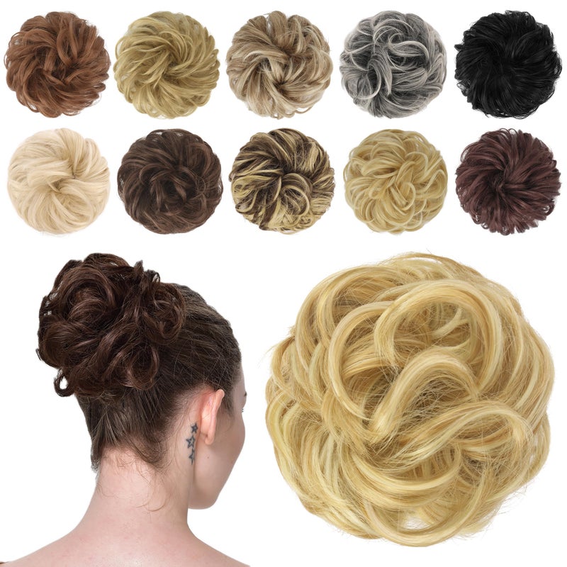 FESHFEN Messy Bun Hair Piece - Wavy Synthetic Chignon Scrunchies for Instant Volume, Elastic Bun Ponytail Hair Extensions Thick Hairpieces for Women, Strawberry Blonde & Bleach Blonde 1.50 oz - Image 1