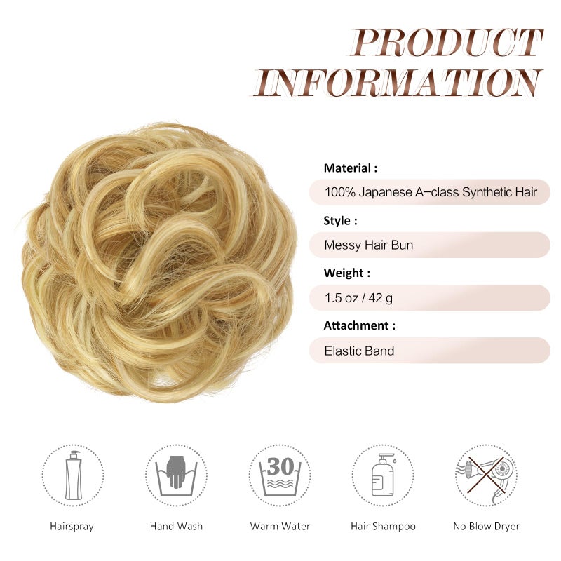 FESHFEN Messy Bun Hair Piece - Wavy Synthetic Chignon Scrunchies for Instant Volume, Elastic Bun Ponytail Hair Extensions Thick Hairpieces for Women, Strawberry Blonde & Bleach Blonde 1.50 oz - Image 4