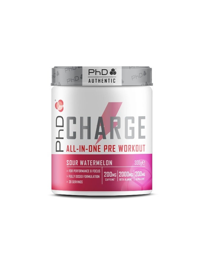Charge, All in One Pre Workout for performance and focus and fully dosed formulation 20 servings,200mg caffeine, 2000mg beta alanine and 3000mg creatine - Sour Watermelon 300g