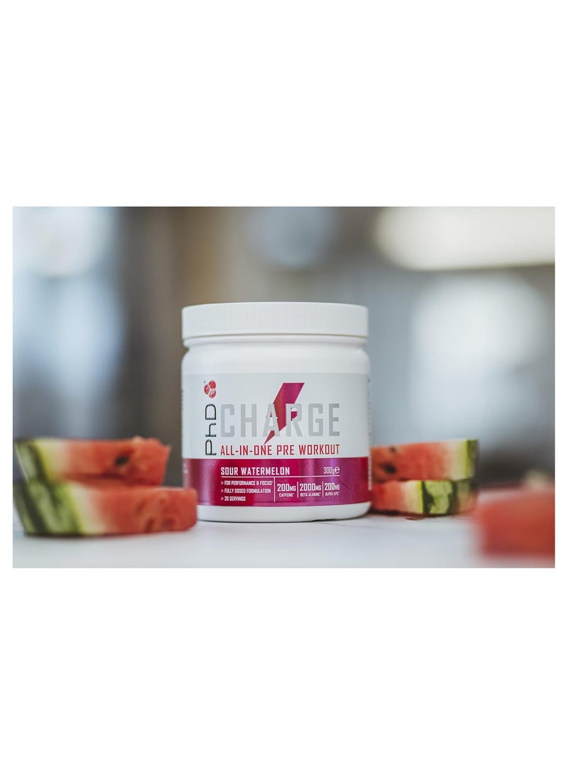 Charge, All in One Pre Workout for performance and focus and fully dosed formulation 20 servings,200mg caffeine, 2000mg beta alanine and 3000mg creatine - Sour Watermelon 300g