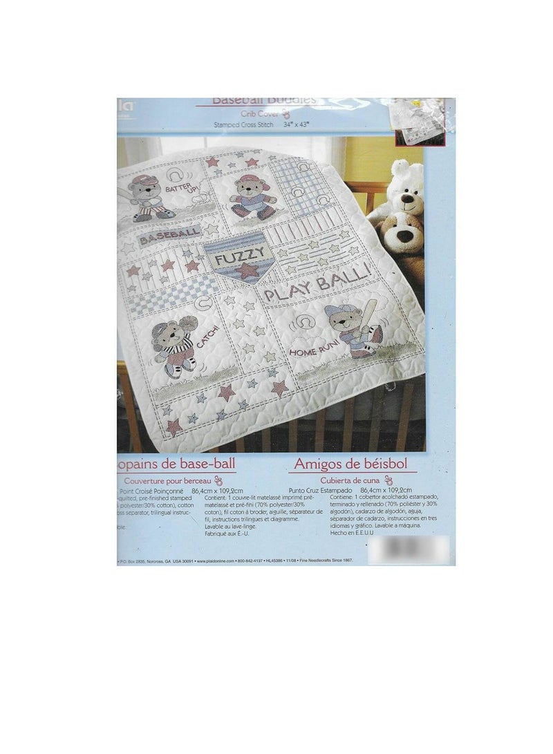 Baseball Buddies Crib Cover 34in x 43in Stamped Cross Stitch Kit - Image 2