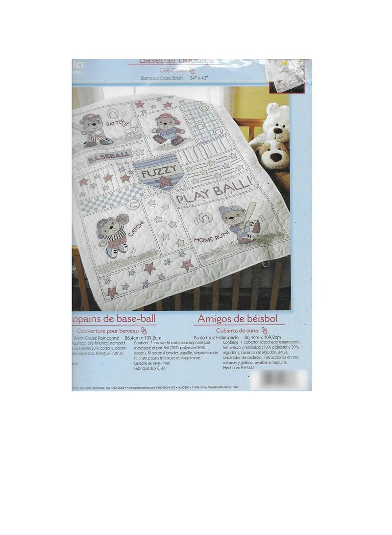 Baseball Buddies Crib Cover 34in x 43in Stamped Cross Stitch Kit - Image 3