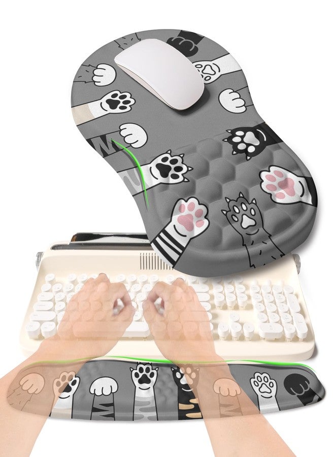 KUOSGM 2-in-1 Ergonomic Set, Wave Rise Keyboard Wrist Rest and Massage Bulge Slope Mouse Pad Wrist Support, Cushion Memory Foam Integrated to Relieve Wrist Pain, Cute Cat Paws - Image 1