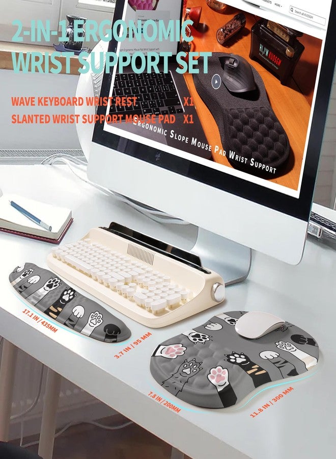 KUOSGM 2-in-1 Ergonomic Set, Wave Rise Keyboard Wrist Rest and Massage Bulge Slope Mouse Pad Wrist Support, Cushion Memory Foam Integrated to Relieve Wrist Pain, Cute Cat Paws - Image 5
