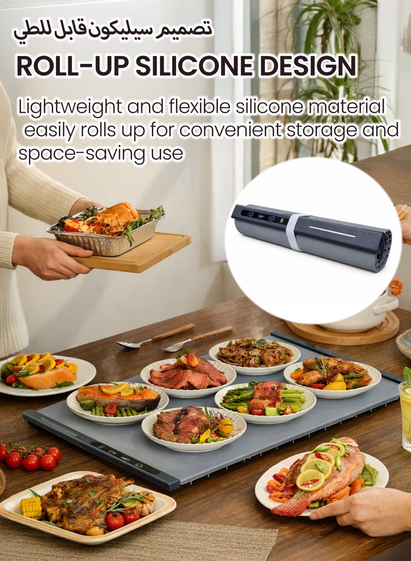 Toshionics Electric Warming Tray Foldable Silicone Food Warmer Mat with Adjustable Temperature & Timer (65x40cm, 250W) Large Buffet Food Heating Pad for Dining Table & Countertop, Grey - Image 5