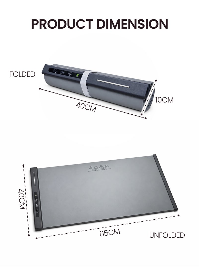 Toshionics Electric Warming Tray Foldable Silicone Food Warmer Mat with Adjustable Temperature & Timer (65x40cm, 250W) Large Buffet Food Heating Pad for Dining Table & Countertop, Grey - Image 2