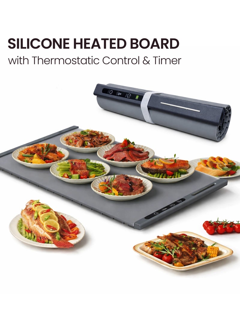Toshionics Electric Warming Tray Foldable Silicone Food Warmer Mat with Adjustable Temperature & Timer (65x40cm, 250W) Large Buffet Food Heating Pad for Dining Table & Countertop, Grey - Image 1