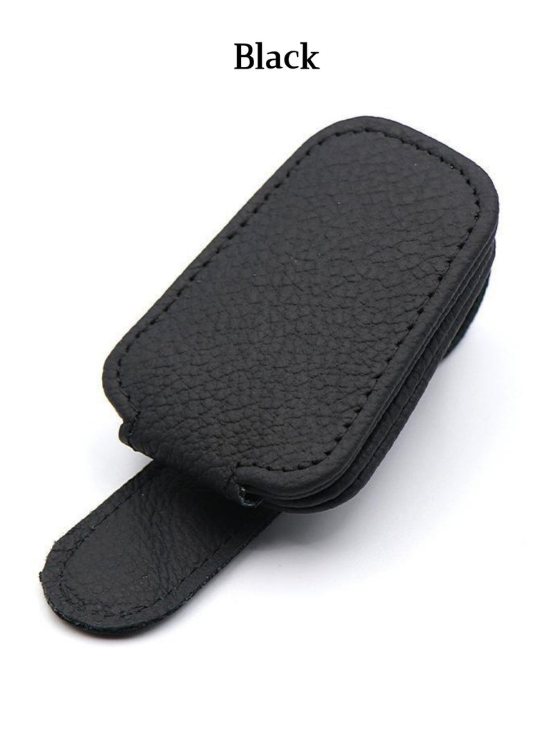 حامل نظارات السيارة الفاخر من الجلد ومزود بمشبك مغناطيسي – منظم متعدد الوظائف لحفظ النظارات والتذاكر، يثبت بسهولة على حاجب الشمس في أي مركبة، يتميز بإغلاق مغناطيسي قوي وغطاء جلدي أنيق (أسود) - Image 1