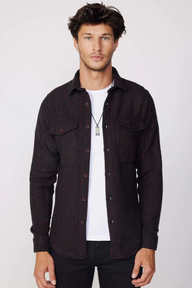 تودورس Slim Fit Striped Flap Double Pocket Men's Shirt