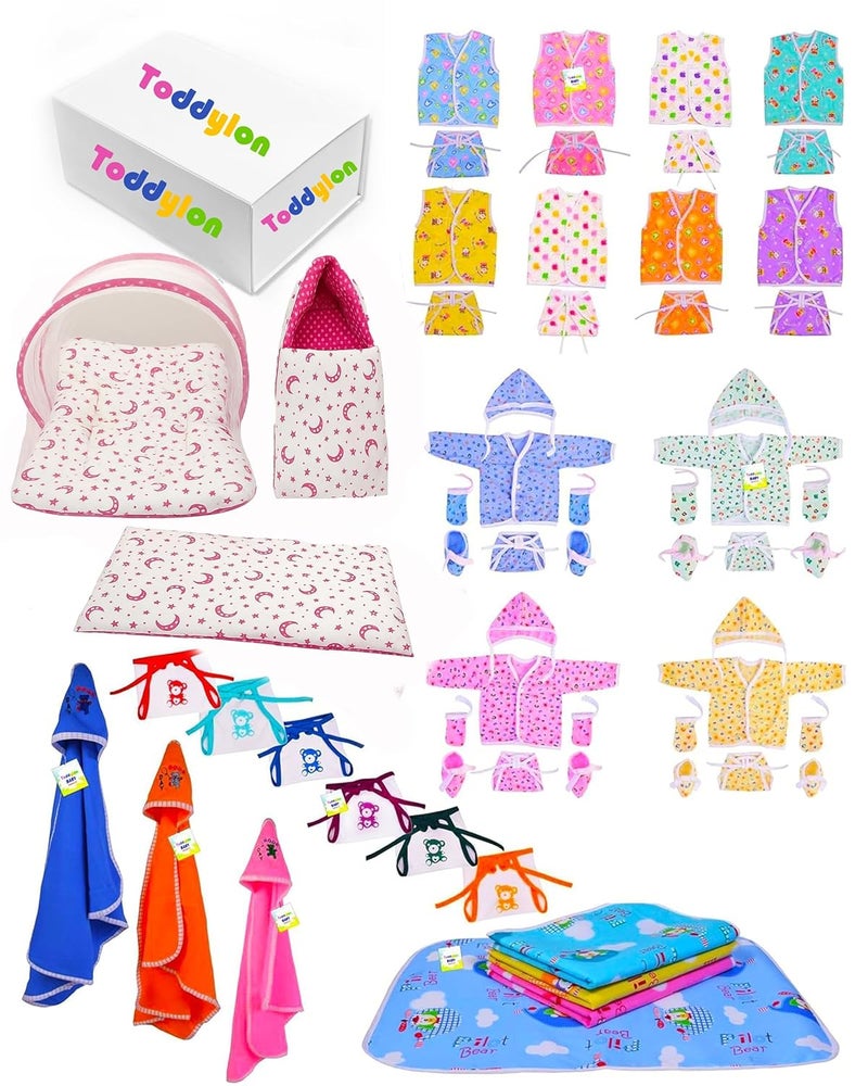 Toddylon Flat Bed 56 in 1 New Born Baby Products All Combo | Baby Shower | Gift Set | Hospital Kit | Baby Clothes | Baby Bedding | Infants Essentials | Maternity Kit (0-6 Months, Multicolor) - Image 1