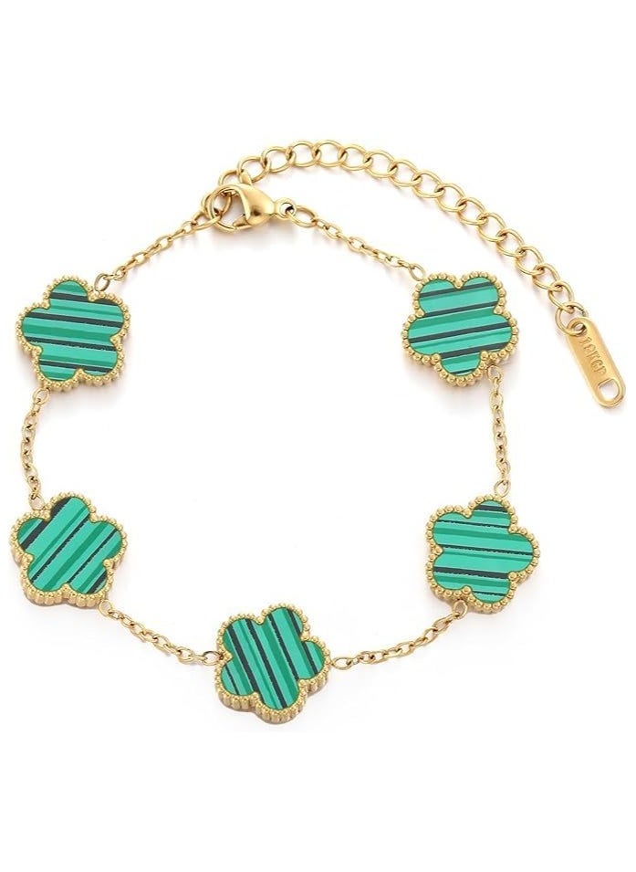 Generic and Women's 18K Gold Plated Stainless Steel Chain & Bracelet  Set, Lucky Five-Leaf Clover Link Chain & Bracelet, Valuable Gift for Women Green color 