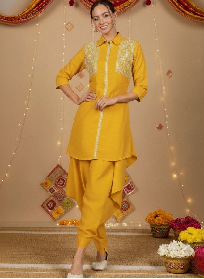 WineRed Yellow Embroidered Tunic with Solid Trousers - Image 5