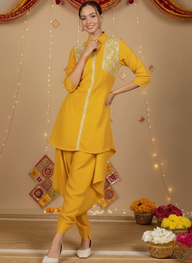 WineRed Yellow Embroidered Tunic with Solid Trousers - Image 3