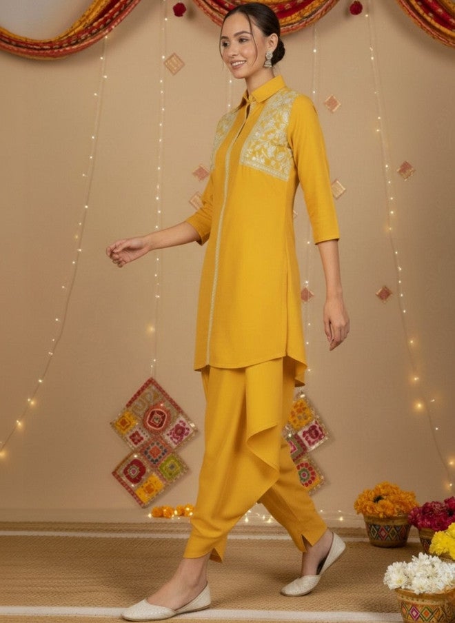WineRed Yellow Embroidered Tunic with Solid Trousers - Image 2