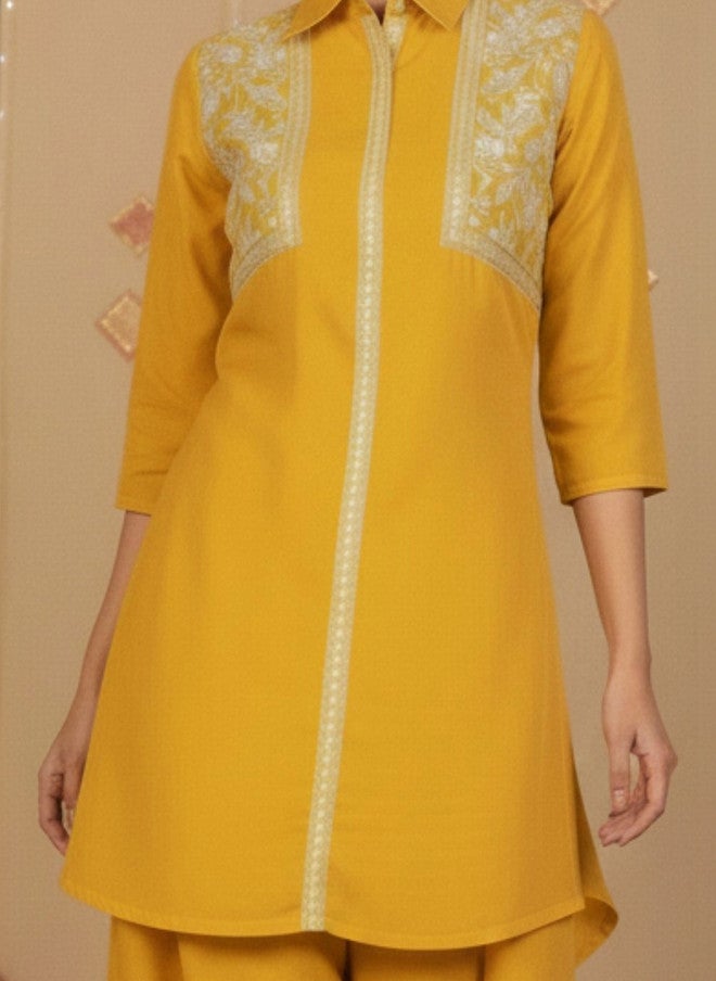 WineRed Yellow Embroidered Tunic with Solid Trousers - Image 4