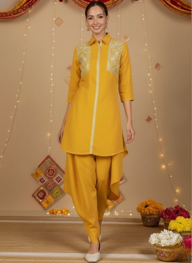 WineRed Yellow Embroidered Tunic with Solid Trousers - Image 1