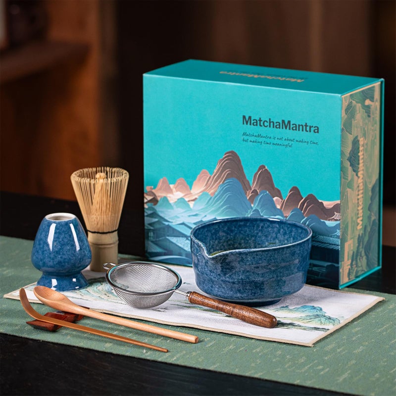 MatchaMantra Artisan Matcha Whisk Set - 8 Pcs Premium Matcha Set with Bowl (Chawan), Bamboo Whisk & Tools | Matcha Kit for Making Breakfast/Latte | Gift for Matcha Lovers (Gem Blue) - Image 1