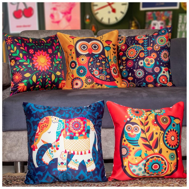 Vendola Cute Animals Satin 250TC Cushion Pillow Covers Brown Set of 5 12X12 Inches Elephants Owls