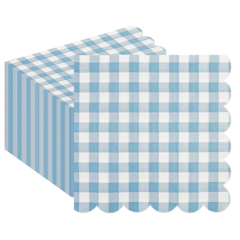 PUEVENYI 50PCS Blue Scalloped Gingham Paper Napkins - Light Blue and White Striped Luncheon Napkin, Checkered Dessert Napkins, Disposable Decorations Supplies for Birthday Baby Shower Wedding Party - Image 1
