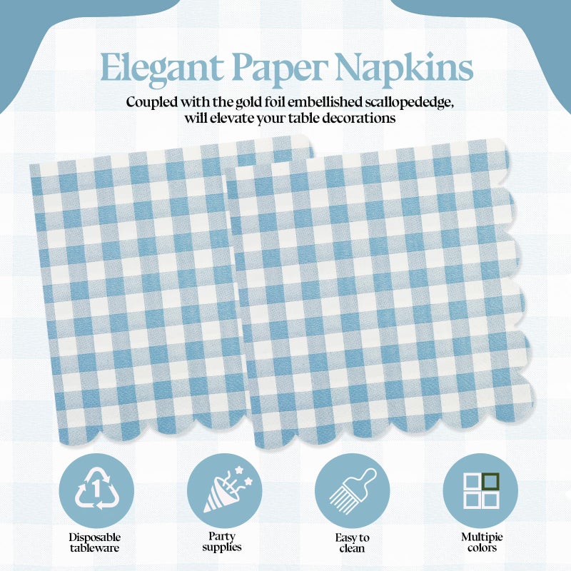 PUEVENYI 50PCS Blue Scalloped Gingham Paper Napkins - Light Blue and White Striped Luncheon Napkin, Checkered Dessert Napkins, Disposable Decorations Supplies for Birthday Baby Shower Wedding Party - Image 4