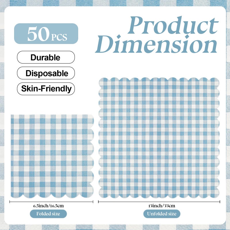 PUEVENYI 50PCS Blue Scalloped Gingham Paper Napkins - Light Blue and White Striped Luncheon Napkin, Checkered Dessert Napkins, Disposable Decorations Supplies for Birthday Baby Shower Wedding Party - Image 2