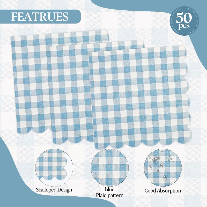 PUEVENYI 50PCS Blue Scalloped Gingham Paper Napkins - Light Blue and White Striped Luncheon Napkin, Checkered Dessert Napkins, Disposable Decorations Supplies for Birthday Baby Shower Wedding Party - Image 3