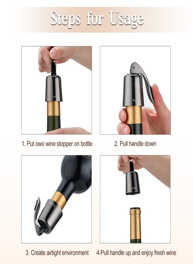 OWO سدادة زجاجة نبيذ من الفولاذ المقاوم للصدأ من OWO، حافظة نبيذ قابلة لإعادة الاستخدام مع ختم سيليكون، مانع تسرب زجاجي مزخرف، يحافظ على نضارة النبيذ (أسود معدني، عبوة واحدة) - Image 5