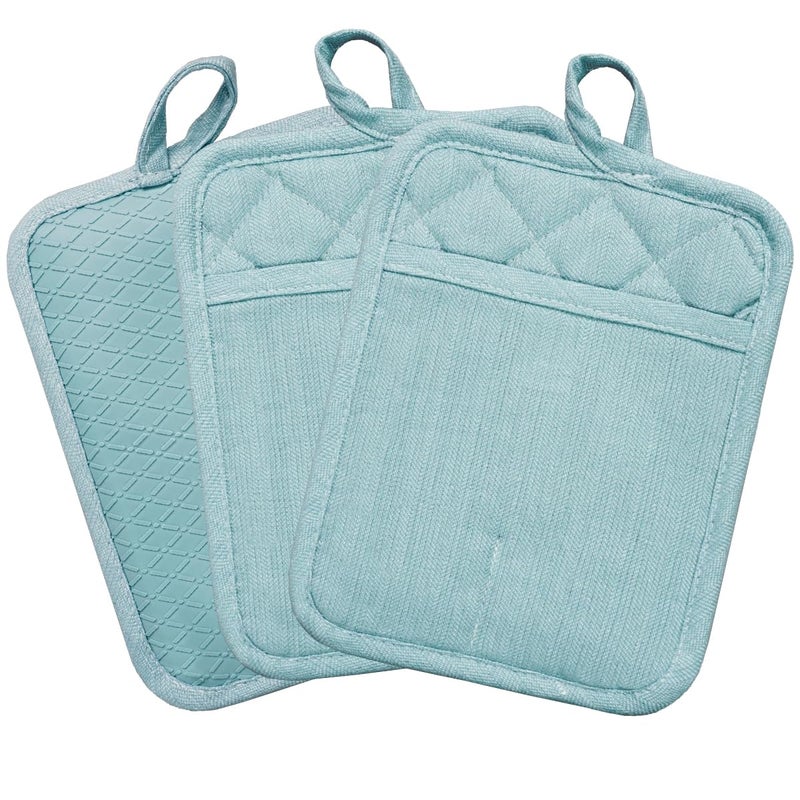 RED LMLDETA Pot Holders Yarn-Dyed Set of 3 Non Slip Silicone Kitchen Lines Heat Resistant 500? Kitchen Gloves BBQ Cooking Baking Cooking Barbecue Microwave Machine Washable (Light Blue Potholders) - Image 1