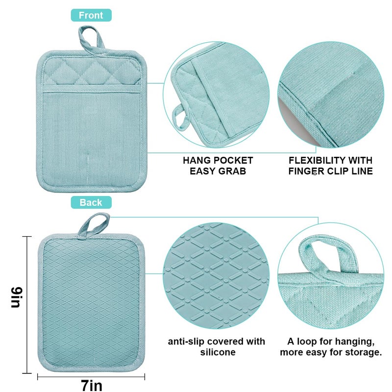 RED LMLDETA Pot Holders Yarn-Dyed Set of 3 Non Slip Silicone Kitchen Lines Heat Resistant 500? Kitchen Gloves BBQ Cooking Baking Cooking Barbecue Microwave Machine Washable (Light Blue Potholders) - Image 2