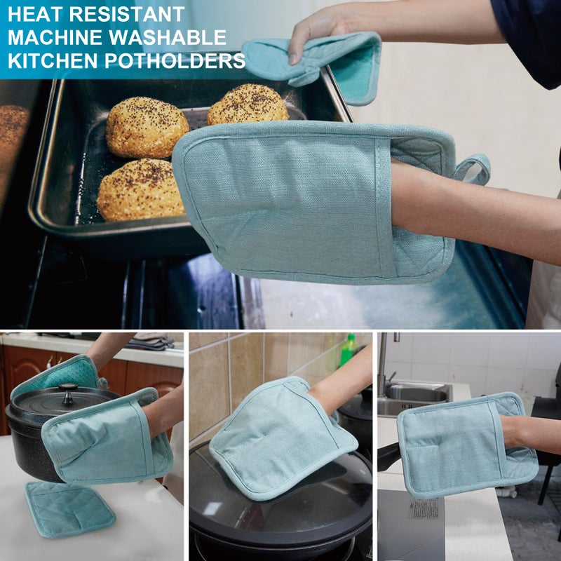 RED LMLDETA Pot Holders Yarn-Dyed Set of 3 Non Slip Silicone Kitchen Lines Heat Resistant 500? Kitchen Gloves BBQ Cooking Baking Cooking Barbecue Microwave Machine Washable (Light Blue Potholders) - Image 5