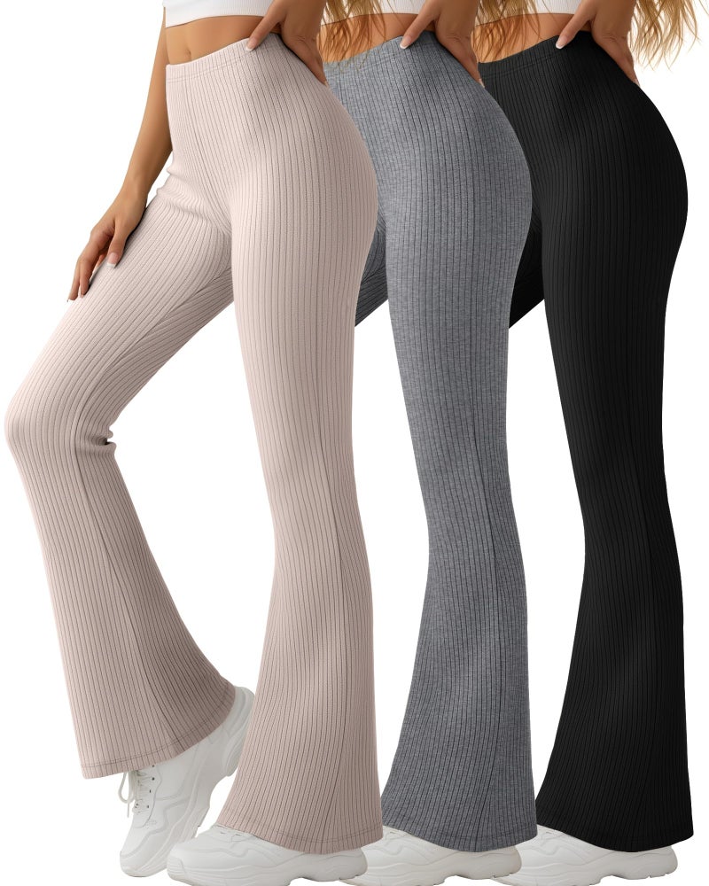 Yearntown 3 Pack Women's Ribbed Flare Yoga Pants High Waist Flare Leggings Casual Bell Bottoms Workout Soft Bootcut Leggings(Black, Dark Gray, Gray Apricot,Medium) - Image 1