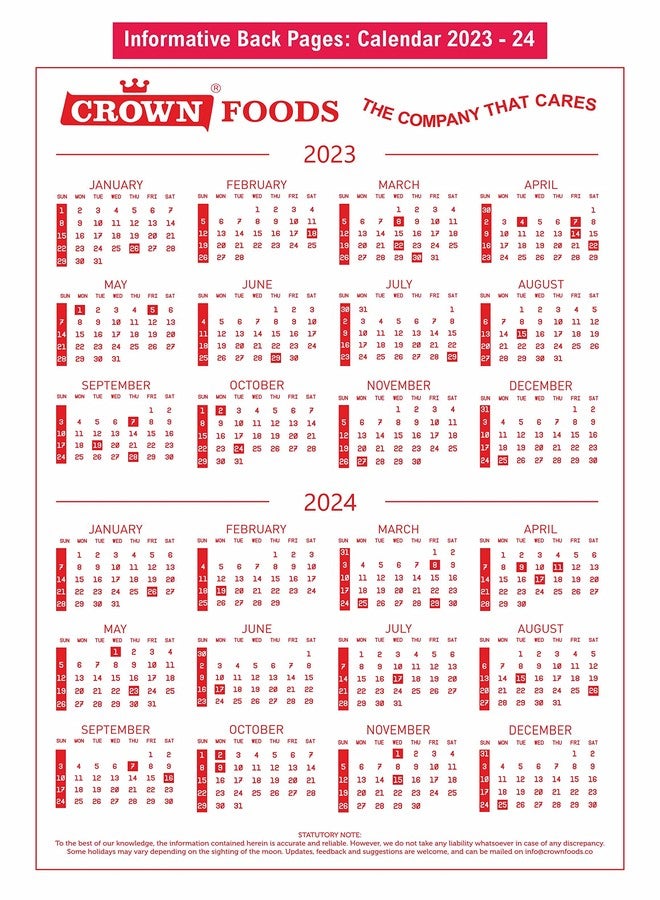 CROWN English Wall Calendar 2026 | 12 Page Large Dates with Space for Imp Notes/Marks | 14x20" Art Paper | With Indian Holidays and Events | Useful information, recìpes and food tips on all back pages - Image 2