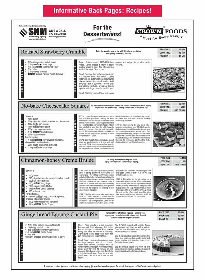 CROWN English Wall Calendar 2026 | 12 Page Large Dates with Space for Imp Notes/Marks | 14x20" Art Paper | With Indian Holidays and Events | Useful information, recìpes and food tips on all back pages - Image 3
