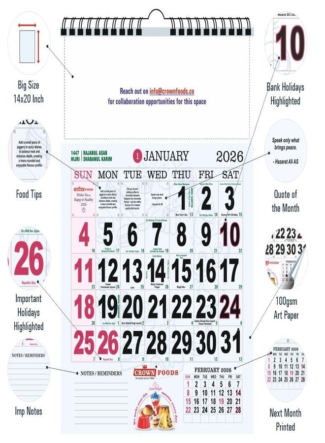 CROWN English Wall Calendar 2026 | 12 Page Large Dates with Space for Imp Notes/Marks | 14x20" Art Paper | With Indian Holidays and Events | Useful information, recìpes and food tips on all back pages - Image 1