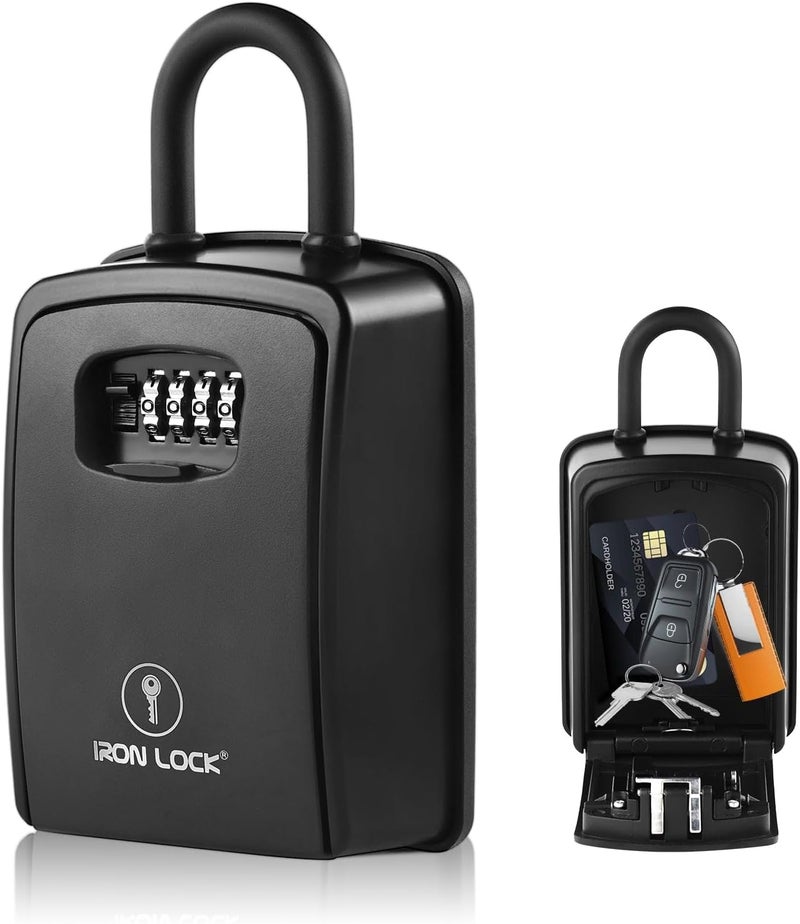 Iron Lock صندوق قفل مفاتيح محمول مع قفل على شكل حرف U - آمن معدني ثقيل مقاوم للماء XXL مع تركيبة مكونة من 4 أرقام للمفاتيح الاحتياطية خارجًا على مقبض الباب أو السياج أو البوابة (أسود، XXL) - Image 1