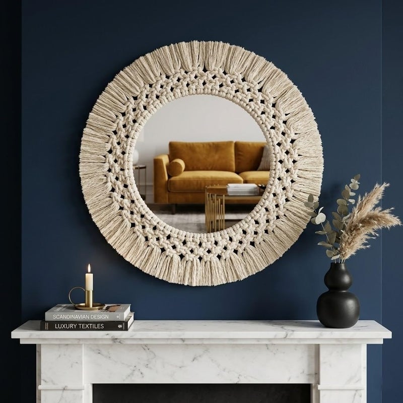 Handmade Boho Macrame Wall Mirror (45 cm) - Round Woven Cotton Rope Decorative Mirror with 25 cm Natural Wood Hoop - Bohemian Wall Art Decor for Living Room, Bedroom, and Nursery - Image 2