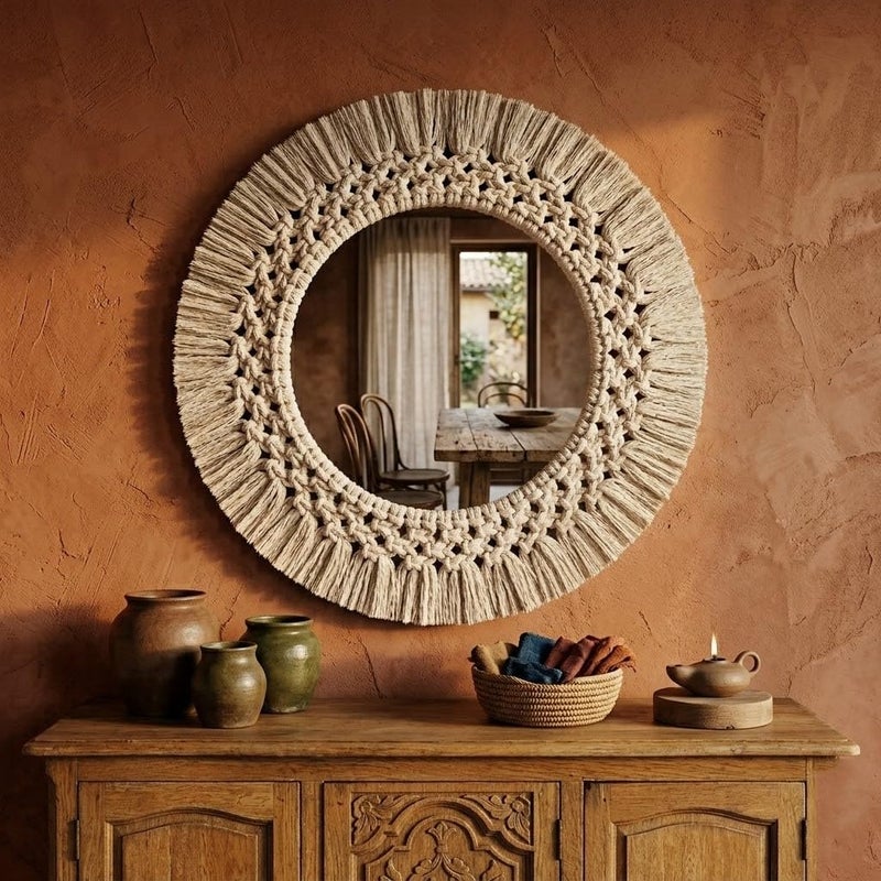 Handmade Boho Macrame Wall Mirror (45 cm) - Round Woven Cotton Rope Decorative Mirror with 25 cm Natural Wood Hoop - Bohemian Wall Art Decor for Living Room, Bedroom, and Nursery - Image 3