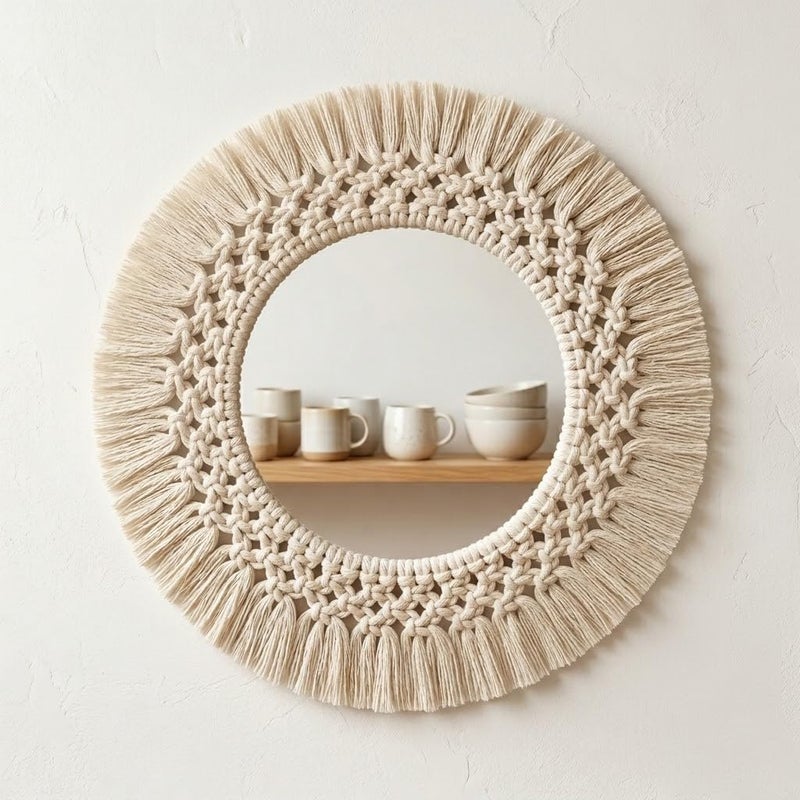 Handmade Boho Macrame Wall Mirror (45 cm) - Round Woven Cotton Rope Decorative Mirror with 25 cm Natural Wood Hoop - Bohemian Wall Art Decor for Living Room, Bedroom, and Nursery - Image 1