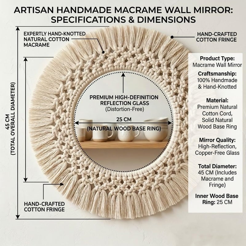 Handmade Boho Macrame Wall Mirror (45 cm) - Round Woven Cotton Rope Decorative Mirror with 25 cm Natural Wood Hoop - Bohemian Wall Art Decor for Living Room, Bedroom, and Nursery - Image 5